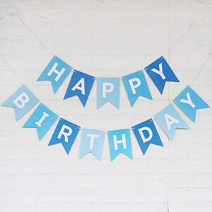tri-color blue happy birthday banner with white letters, swallowtail design hanging signs party decorations