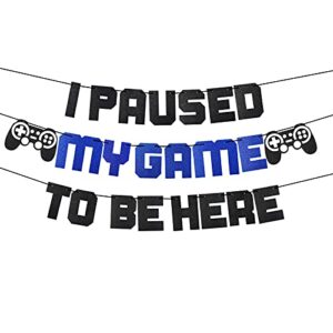 video game party supplies i paused my game to be here banner, blue gaming birthday party decorations for boys, glitter game theme backdrop sign decor