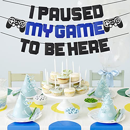 Video Game Party Supplies I Paused My Game To Be Here Banner, Blue Gaming Birthday Party Decorations for Boys, Glitter Game Theme Backdrop Sign Decor