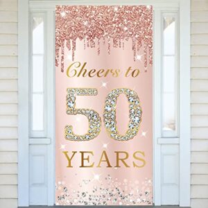 50th birthday door banner decorations for women, rose gold pink cheers to 50 years birthday door cover backdrop party supplies, 50 year old birthday poster sign photo booth props