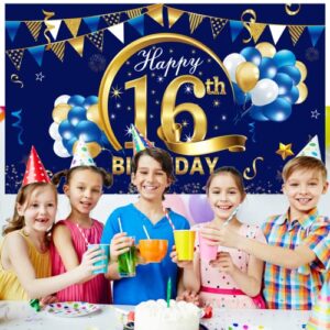 Happy 16th Birthday Banner Decorations for Boy - Blue Gold 16 Birthday Backdrop Party Supplies Decor - Sixteen Birthday Poster Photo Props Brackground Sign