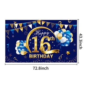 Happy 16th Birthday Banner Decorations for Boy - Blue Gold 16 Birthday Backdrop Party Supplies Decor - Sixteen Birthday Poster Photo Props Brackground Sign