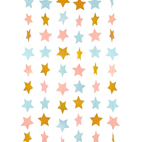 WEVEN Pink Blue Gold Star Garland Glitter Paper Streamers Twinkle Star Banner for Baby Shower Nursery Boy or Girl Gender Reveal Party Decorations, 3" in Diameter, 20 Feet in Total