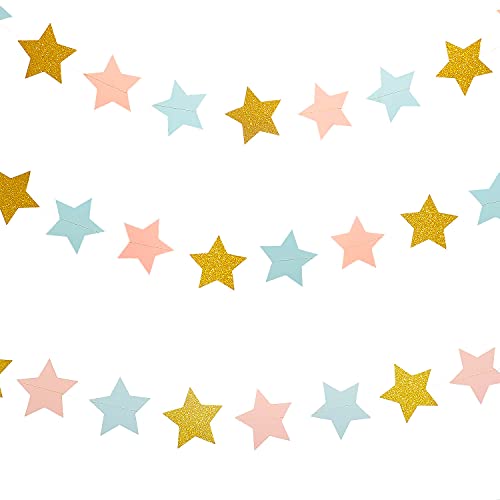 WEVEN Pink Blue Gold Star Garland Glitter Paper Streamers Twinkle Star Banner for Baby Shower Nursery Boy or Girl Gender Reveal Party Decorations, 3" in Diameter, 20 Feet in Total