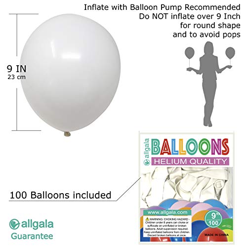 Allgala 100 Count 9 Inch Helium Grade Premium Latex Balloons-White-BL52101