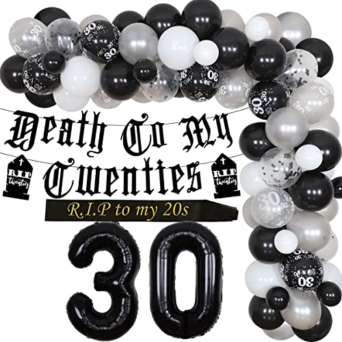 Death to My Twenties 30th Birthday Decorations Black - Rip to My 20s Birthday Sash, Gothic Letter Banner, Balloons, Funeral for My Youth 30th Birthday Decorations Funny