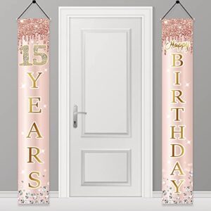 15th birthday door banner decorations for girls, pink rose gold happy 15 birthday door porch backdrop party supplies, fifteen year old birthday sign decor