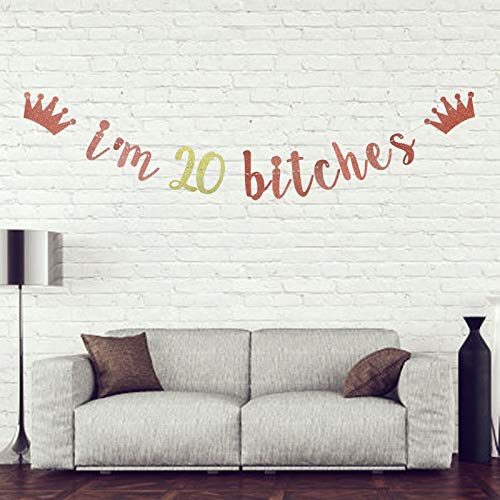 I'm 20 Bitches Banner, 20th Birthday Party Decor, Funny Twenty Years Old Birthday Banner, Girl's 20th Birthday Party Decorations (Rose Gold)