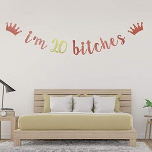 I'm 20 Bitches Banner, 20th Birthday Party Decor, Funny Twenty Years Old Birthday Banner, Girl's 20th Birthday Party Decorations (Rose Gold)