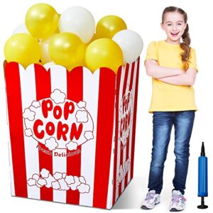 giant popcorn box with balloons and balloons pump large cardboard popcorn display stand popcorn prop decorations for movie night, carnivals, theme party, circus, theater (50 pcs)