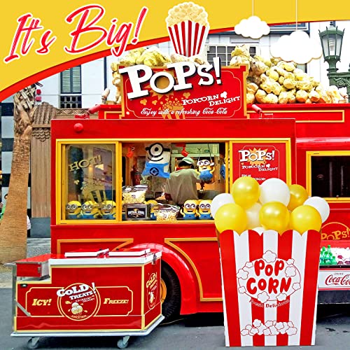 Giant Popcorn Box with Balloons and Balloons Pump Large Cardboard Popcorn Display Stand Popcorn Prop Decorations for Movie Night, Carnivals, Theme Party, Circus, Theater (50 Pcs)