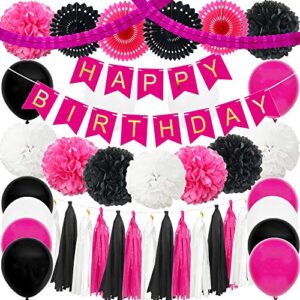 InBy 45pcs Hot Pink Black Birthday Party Decorations Kit Baby Girl Shower Women Rose Red Happy Birthday Banner 10" Tissue Paper Flower Pom Pom Paper Fan Tassel Garland 12" Latex Balloon Party Supplies