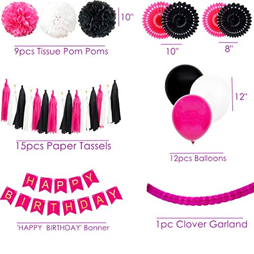 InBy 45pcs Hot Pink Black Birthday Party Decorations Kit Baby Girl Shower Women Rose Red Happy Birthday Banner 10" Tissue Paper Flower Pom Pom Paper Fan Tassel Garland 12" Latex Balloon Party Supplies