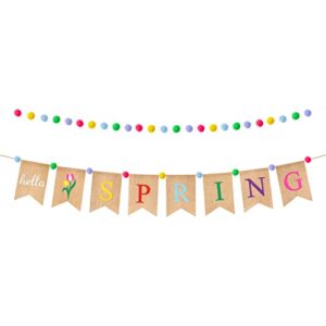 watinc 2pcs hello spring burlap banner pom pom garland set, happy spring bunting garland with flower, rustic spring theme party banner hanging decorations for mantle fireplace home wall decor supplies