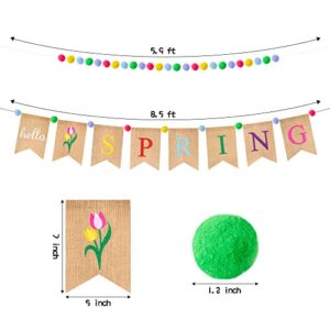 WATINC 2pcs Hello Spring Burlap Banner Pom Pom Garland Set, Happy Spring Bunting Garland with Flower, Rustic Spring Theme Party Banner Hanging Decorations for Mantle Fireplace Home Wall Decor Supplies