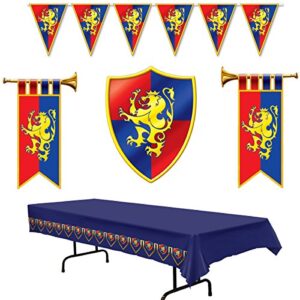 medieval party decorations – cardboard herald trumpets and crest, plastic pennant banner and tablecover (bundle of 5) by multiple