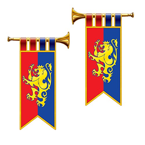 Medieval Party Decorations - Cardboard Herald Trumpets and Crest, Plastic Pennant Banner and Tablecover (Bundle of 5) by Multiple