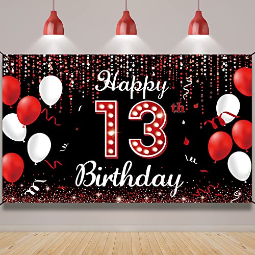 13th Birthday Backdrop Banner, Happy 13th Birthday Decorations for Girls, Red Black 13 Years Old Birthday Party Photo Booth Props, Thirteen Birthday Yard Sign Decor for Outdoor Indoor, Fabric Vicycaty