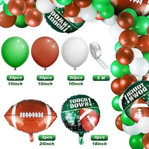 97 Pieces Football Balloons Set 6 Pieces Football Field Foil Balloons 90 Pieces Latex Balloons and Long Balloon Strip for Sport Themed Football Themed Birthday Party Decorations (White, Green, Brown)