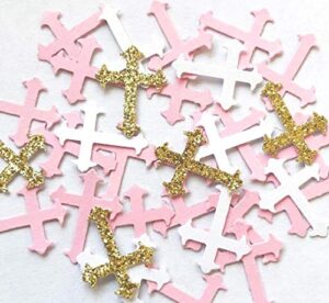 100pieces 2.5inche pink gold white glitter cross confetti,glitter religious party confetti,cross confetti,for religion, festival, wedding, engagement baby shower, baptism, girl birthday party decor