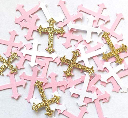 100Pieces 2.5inche Pink Gold White Glitter Cross Confetti,Glitter Religious Party Confetti,Cross Confetti,for Religion, Festival, Wedding, Engagement Baby Shower, Baptism, Girl Birthday Party Decor