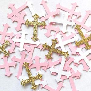 100Pieces 2.5inche Pink Gold White Glitter Cross Confetti,Glitter Religious Party Confetti,Cross Confetti,for Religion, Festival, Wedding, Engagement Baby Shower, Baptism, Girl Birthday Party Decor