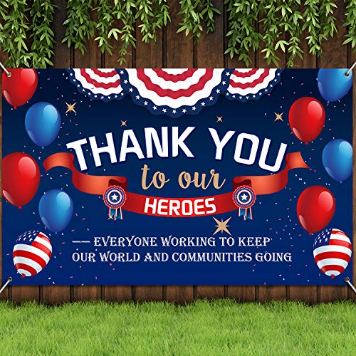 Thank You to Our Heroes Banner Decorations Patriotic Happy Veterans Day Backdrop Background for Greeting Police Military Army Employees Heroes Theme Party Supplies, 71 x 43 Inch