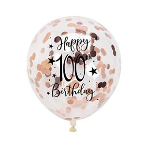 rose gold 100th confetti latex balloons, woman happy 100 years birthday party balloon decoration with confetti, 12in, 16 pack