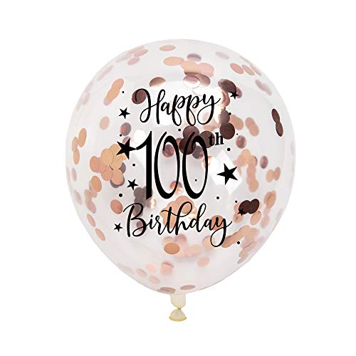 Rose Gold 100th Confetti Latex Balloons, Woman Happy 100 Years Birthday Party Balloon Decoration With Confetti, 12in, 16 Pack