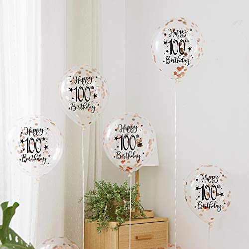 Rose Gold 100th Confetti Latex Balloons, Woman Happy 100 Years Birthday Party Balloon Decoration With Confetti, 12in, 16 Pack