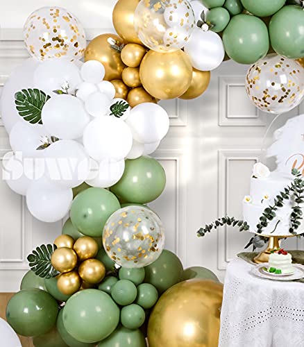 SUWEN 157PCS DIY Olive Green Balloon Arch Garland Kit Lime Green Gold Metallic White Latex Balloon Decorations for Birthday Baby Shower Party Decor