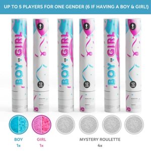 TUR Party Supplies Gender Reveal Roulette Game Kit (Blue, Pink & White) Fool Proof Confetti & Powder Cannons | 100% Biodegradable | 12 inch | Party Poppers for Boy or Girl Baby Shower Decorations