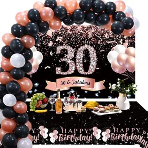 trgowaul 30th birthday decorations for women – black and rose gold happy 30th birthday backdrop banner, 2 pcs happy birthday tablecloth, 60 pcs latex confetti balloons, 30 years old birthday party supplies 30 birthday gifts for her