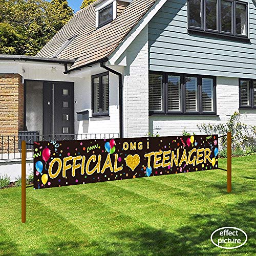 Ushinemi Official Teenager Banner for Outdoor Yard, Happy 13th Birthday Banner, Cheer to 13 Year Old Birthday Party Decorations Supplies Sign Backdrop, Colorful and Gold, 9.8x1.6Ft