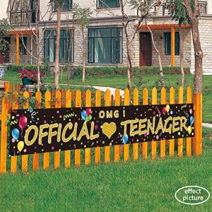 Ushinemi Official Teenager Banner for Outdoor Yard, Happy 13th Birthday Banner, Cheer to 13 Year Old Birthday Party Decorations Supplies Sign Backdrop, Colorful and Gold, 9.8x1.6Ft