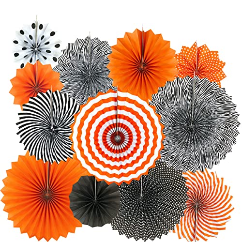 Black Orange Party Hanging Paper Fans Party Ceiling Hangings Halloween Baby Shower Birthday Wedding Party Decorations, 12pc