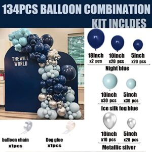 Orgnafey Night Blue and Ice Silk Blue Balloons Garland Kit 134PCS Navy Blue Metallic Silver 18-10-5 inch Balloon Arch For Birthday Graduation Anniversary Baby Shower Wedding Party DIY Decorations