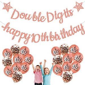 10th birthday decorations banner balloons – (22pack) rose gold glitter banner for girls boys, double digits banner, happy 10th birthday. 20pcs 12 inch balloons