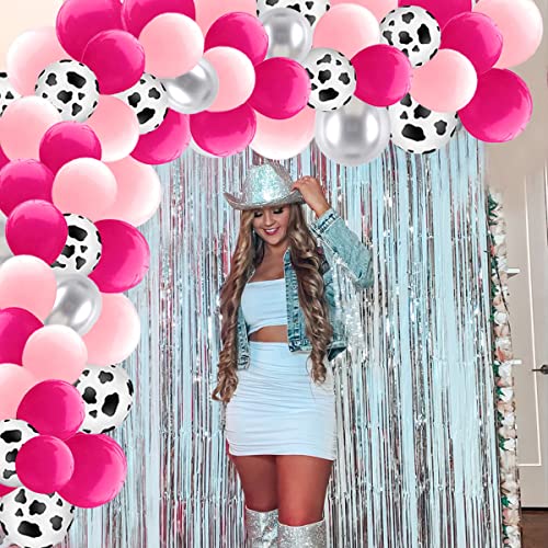 Rose Red Cow Balloon Garland Arch Kit - 122pcs Cow Print Balloons Rose Red Pink Metallic Silver Balloons for Cowgirl Birthday Wedding Anniversary Western Theme Last Rodeo Bachelorette Party Decoration