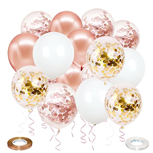 Nobledecor White Rose Gold Confetti Balloons Kit, 60 Pcs 12 inch Metallic Rose Gold Balloons Chrome Latex Confetti Birthday Party Balloons for Birthday Wedding Party Supplies Arch Decoration Baby Shower Graduation Festival Party