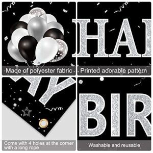 Black White Silver Birthday Banner Decorations for Men Women, Black White Happy Birthday Yard Banner Sign Party Supplies, 16th 18th 21st 30th 40th 50th 60th 70th 80th 90th Birthday Party Decor for Outdoor Indoor