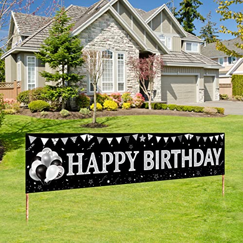 Black White Silver Birthday Banner Decorations for Men Women, Black White Happy Birthday Yard Banner Sign Party Supplies, 16th 18th 21st 30th 40th 50th 60th 70th 80th 90th Birthday Party Decor for Outdoor Indoor