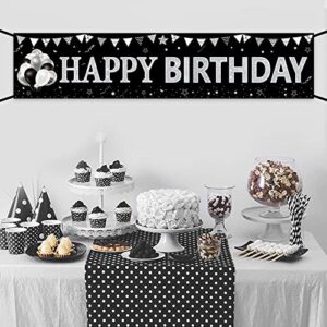 Black White Silver Birthday Banner Decorations for Men Women, Black White Happy Birthday Yard Banner Sign Party Supplies, 16th 18th 21st 30th 40th 50th 60th 70th 80th 90th Birthday Party Decor for Outdoor Indoor