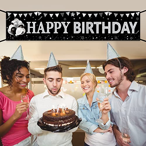 Black White Silver Birthday Banner Decorations for Men Women, Black White Happy Birthday Yard Banner Sign Party Supplies, 16th 18th 21st 30th 40th 50th 60th 70th 80th 90th Birthday Party Decor for Outdoor Indoor