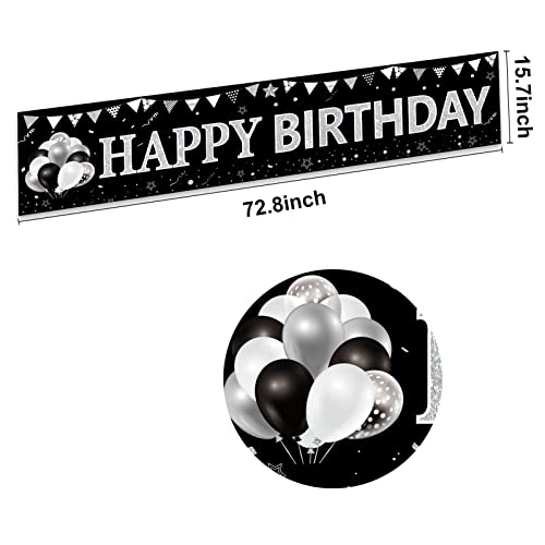 Black White Silver Birthday Banner Decorations for Men Women, Black White Happy Birthday Yard Banner Sign Party Supplies, 16th 18th 21st 30th 40th 50th 60th 70th 80th 90th Birthday Party Decor for Outdoor Indoor