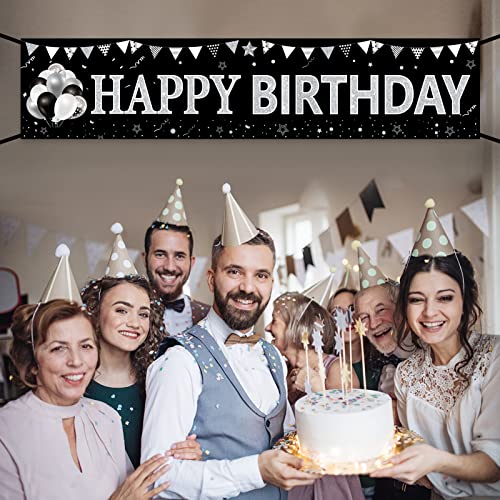 Black White Silver Birthday Banner Decorations for Men Women, Black White Happy Birthday Yard Banner Sign Party Supplies, 16th 18th 21st 30th 40th 50th 60th 70th 80th 90th Birthday Party Decor for Outdoor Indoor