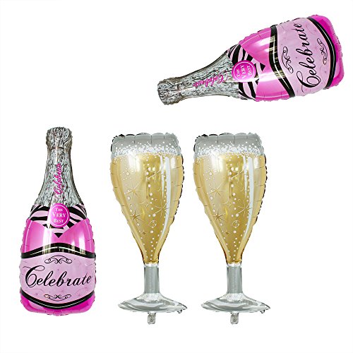 GOER 4 Pcs Champagne Bottle and Wine Goblet Glass Pink Foil Balloons,40 inch Helium Balloons for Valentine's Day Romantic Night Birthday Bridal Shower Bachelorette Celebrations Party Supplies