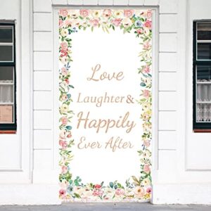 joyiou love laughter happily ever after backdrop door banner decorations, wedding engagement party gift sign supplies, bridal shower door cover photo booth props décor