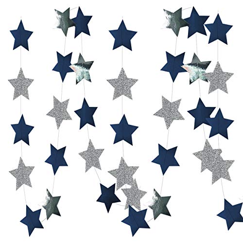 Navy Blue Glitter Silver Birthday Party Decorations Outer Space Decorations 2pcs Navy Blue Glitter Silver Paper Star Garlands Star String for Baby Shower Decorations