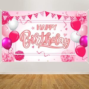 hot pink happy birthday banner backdrop decorations for girls women, happy birthday party sign supplies, large 10th 16th 21st 30th 40th 50th birthday background photo booth props decor